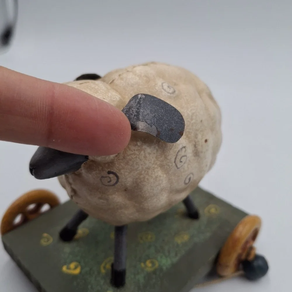 Primitive Folk Art Sheep Pull Toy Figurine Vintage Style Lamb on Wheels Decor